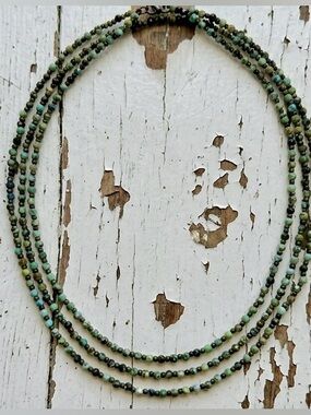 Triple Strand Semi Precious Green Turquoise & Brown Beaded Choker Style Necklace